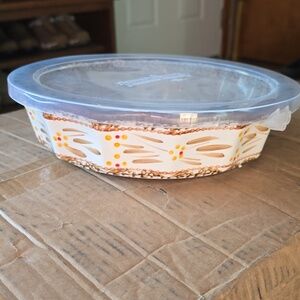 Temp-Tations 9" Decorative Brown Ceramic Pie Dish with Lid